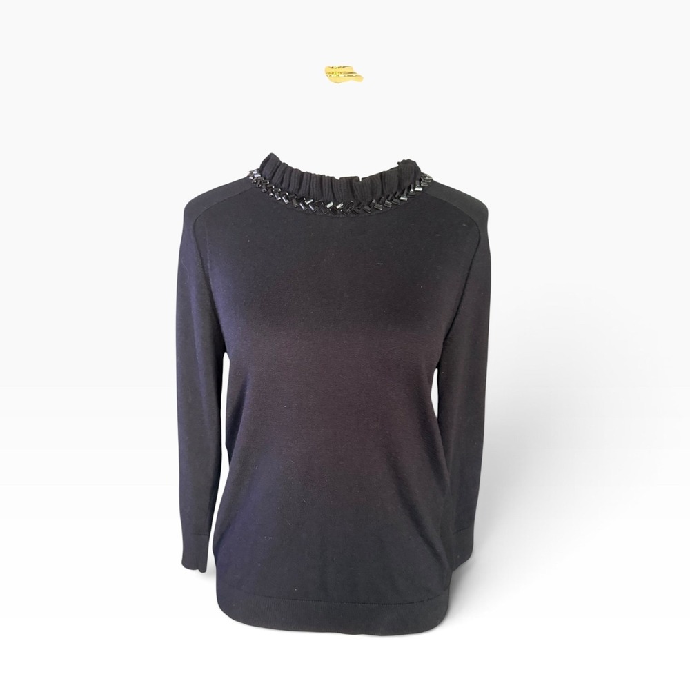 RSVP by Talbots Small Black Jeweled Beaded Embellished Collar Knit Sweater
